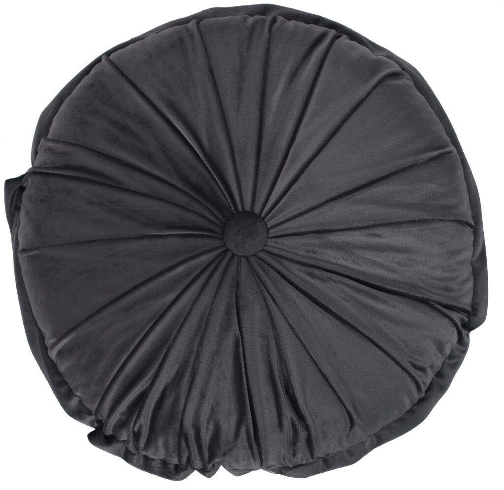 okrągła poduszka dekoracyjna 40x40 cm w szarym welurze z ozdobnym guzikiem pośrodku na białym tle – ewilla