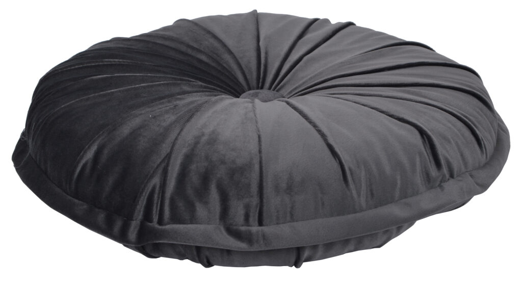 elegancka poduszka okrągła 40x40 cm w miękkim szarym welurze z dekoracyjnym pikowaniem i guzikiem – ewilla