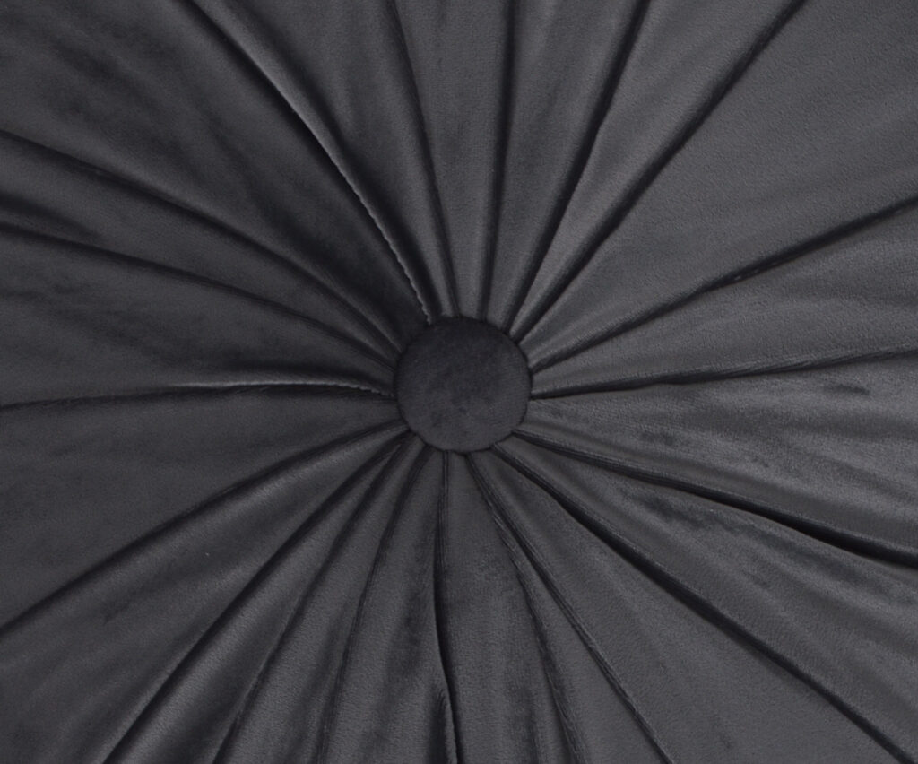 szara poduszka welurowa okrągła z marszczeniem i centralnym guzikiem dekoracyjnym 40x40 cm – ewilla