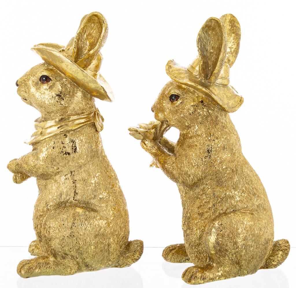 dekoracyjne figurki królików RABSONI w eleganckim złotym wykończeniu na białym tle – ewilla
