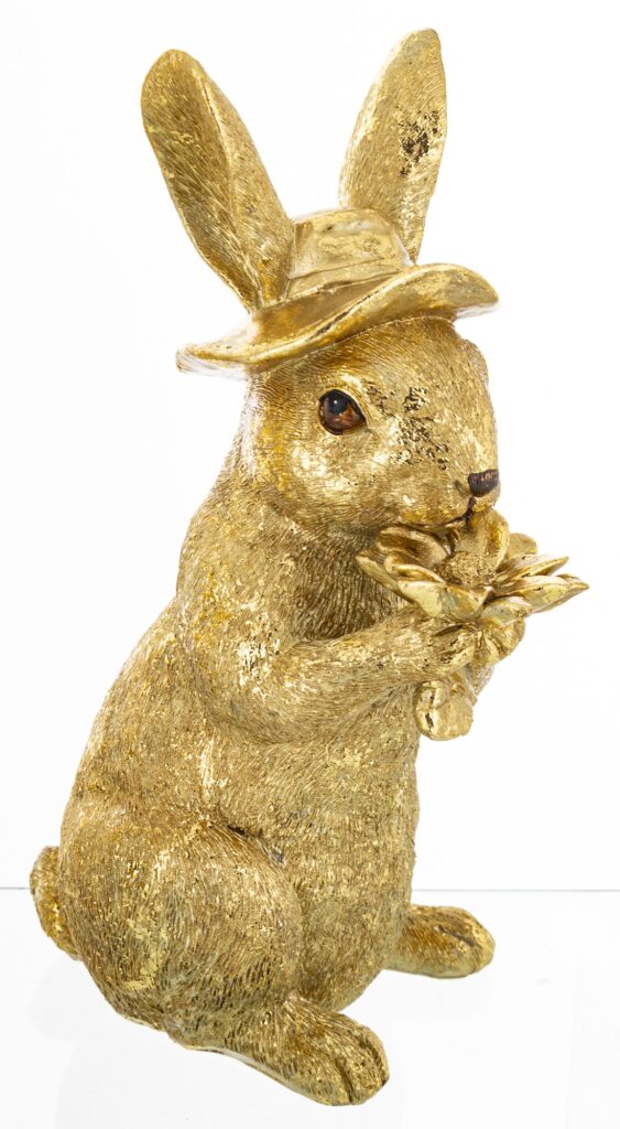 elegancki zestaw dwóch figurek królików RABSONI w kolorze złotym na białym tle – ewilla