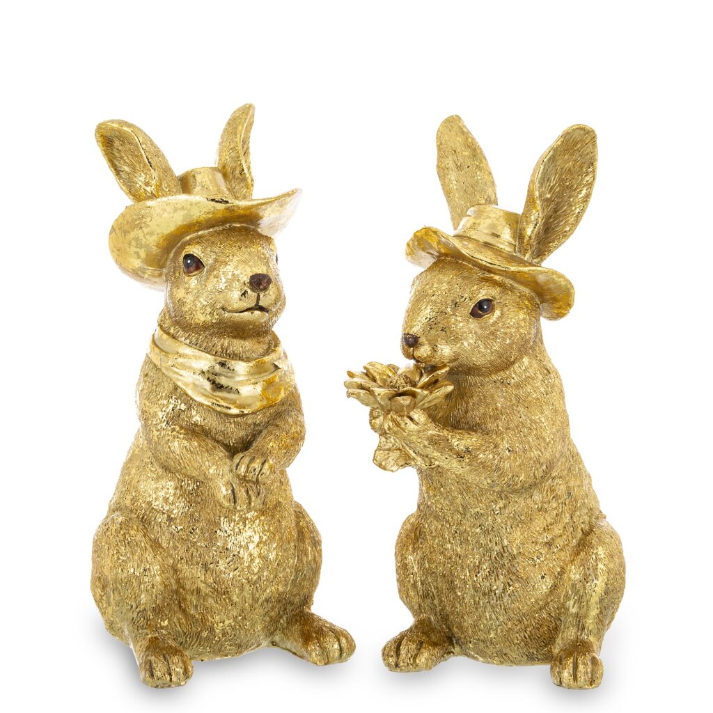 zestaw dwóch złotych figurek królików RABSONI na białym tle – ewilla